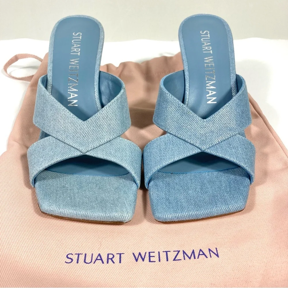 Stuart Weitzman Carmen 75 Heel Slide Sandals Blue Denim 8 NEW - Picture 5 of 17